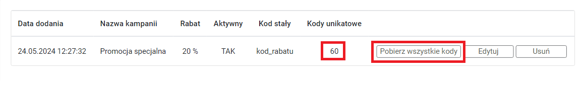 Unikatowe kody rabatowe - lista